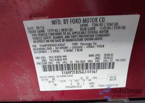 2016 Ford Taurus Sel z USA, uszkodzony, nr VIN 1FAHP2E82GG144567